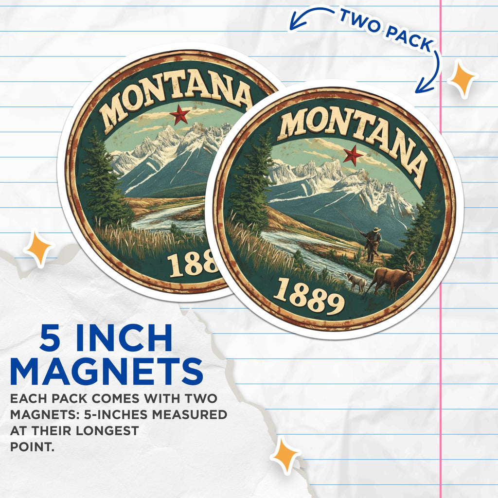 (2 Pack) Montana State Magnets - Fishing and Deer Scene - State Seal Fridge Magnets - 5" On Longest Side - Premium Magnet - for Cars, Refrigerators, Toolboxes, Lockers - Made in USA - MAG14605