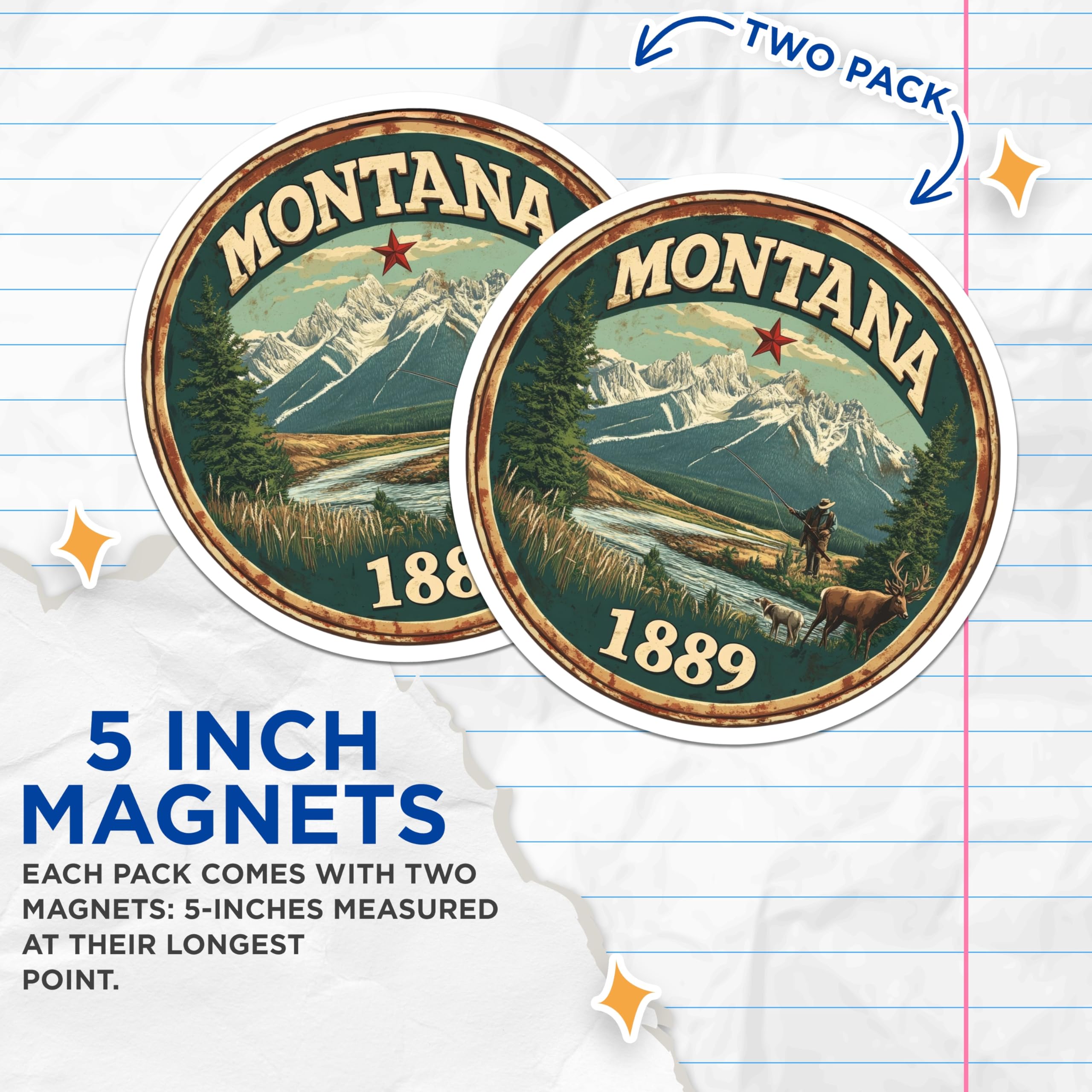 (2 Pack) Montana State Magnets - Fishing and Deer Scene - State Seal Fridge Magnets - 5" On Longest Side - Premium Magnet - for Cars, Refrigerators, Toolboxes, Lockers - Made in USA - MAG14605
