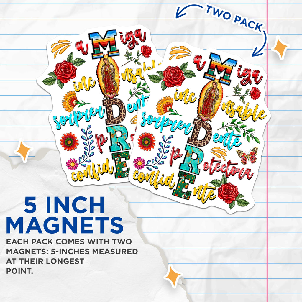 (2 Pack) Madre Magnets - Virgin Guadalupe Latina Mom - Mexican Mama Refrigerator Art - Catholic Mother Appreciation - 5 Inches On Longest Side - Thick Durable Magnet - Made in USA - MAG28099
