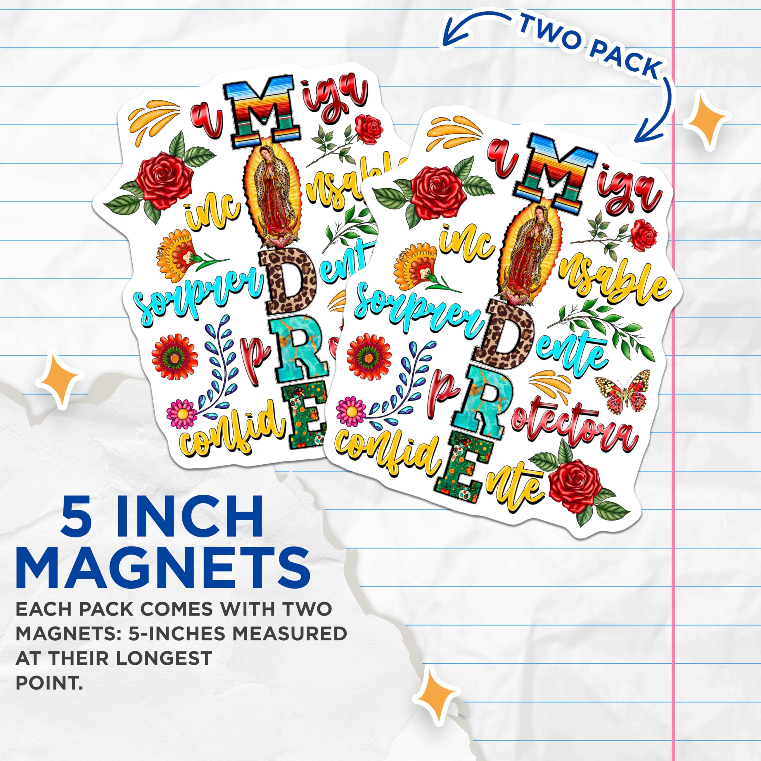 (2 Pack) Madre Magnets - Virgin Guadalupe Latina Mom - Mexican Mama Refrigerator Art - Catholic Mother Appreciation - 5 Inches On Longest Side - Thick Durable Magnet - Made in USA - MAG28099
