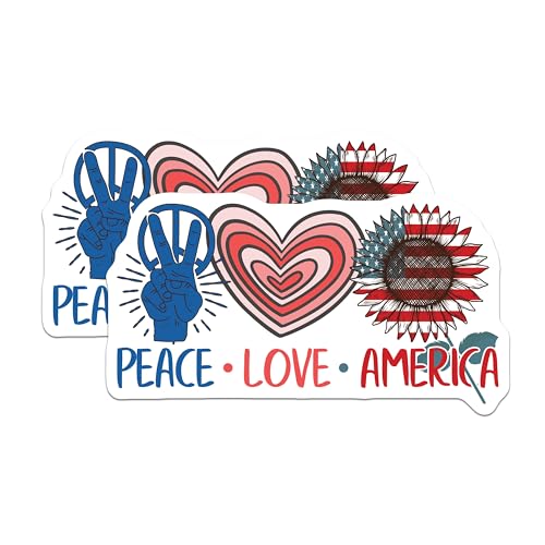 (2 Pack) Peace Love America Stickers - Patriotic Decorations - USA Flag Decals - 5" On Longest Side - Sticks to Smooth Flat Surfaces - Made in USA - BMCS5250