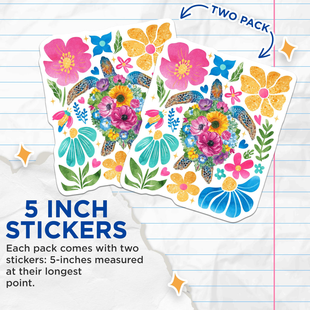 (2 Pack) Floral Turtle Art Stickers - Colorful Turtle - Nature Inspired Stickers - 5" On Longest Side - Sticks to Smooth Flat Surfaces - Made in USA - BMCS9879