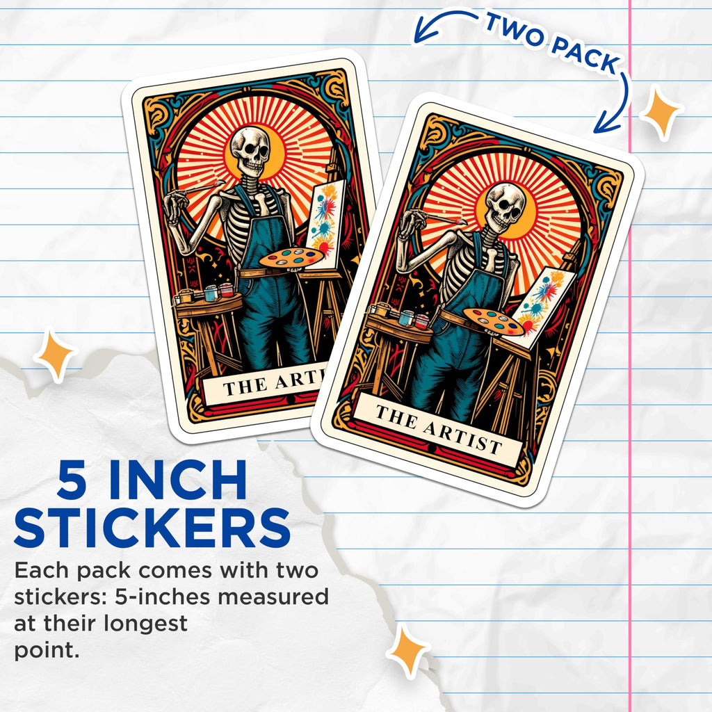 (2 Pack) Skeleton Artist Stickers - Gothic Bohemian Tarot Card Art - Creative Painter Skull Decals - 5" On Longest Side - Sticks to Smooth Flat Surfaces - Made in USA - BMCS20808