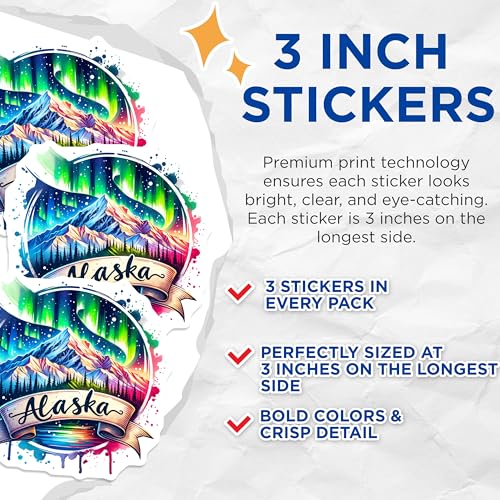 (3 Pack) Alaska Decals - Northern Lights Sticker - Mountain Adventure Stickers - 3 Inches On Longest Side - Easy Peel & Apply - Made in USA - 3MCS6033