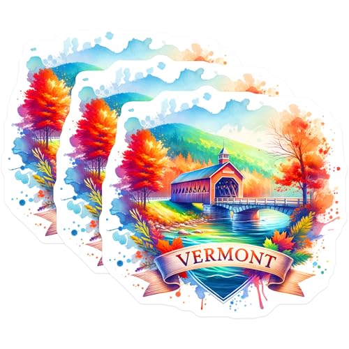 (3 Pack) Vermont Decals - Covered Bridge Art - New England Travel- 3 Inches On Longest Side - Easy Peel & Apply - Made in USA - 3MCS5772