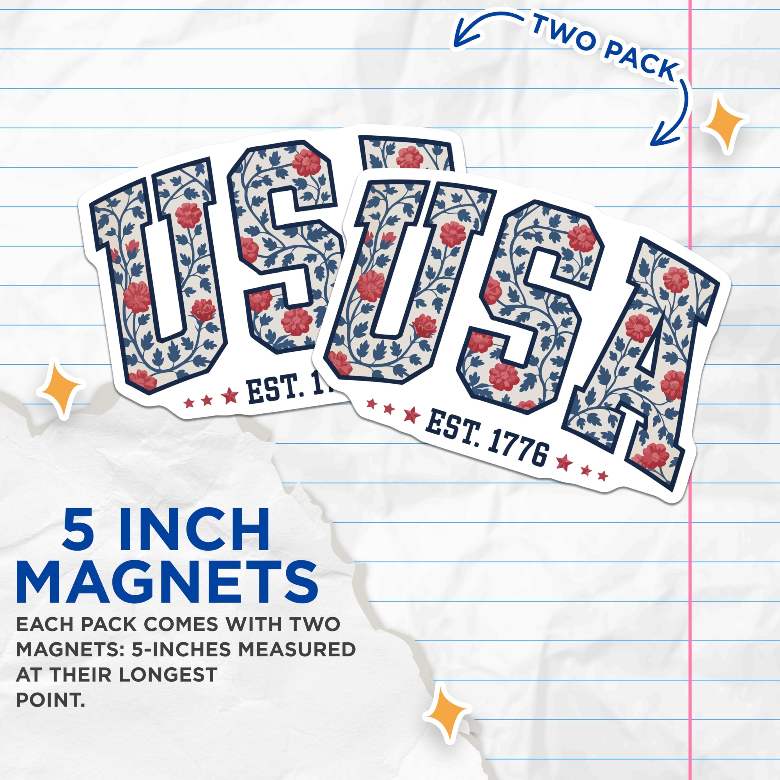 (2 Pack) USA Floral Magnets - Patriotic American Decor - Est 1776 Refrigerator Accent - Americana Style - 5 Inches On Longest Side - Thick Durable Magnet - Made in USA - MAG22872