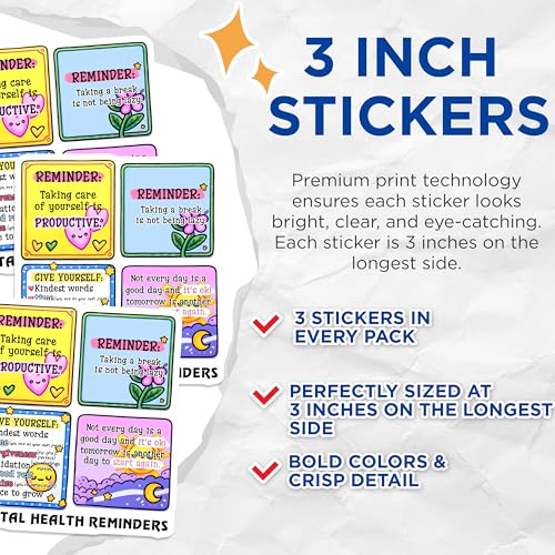 (3 Pack) Mental Health Decals - Positive Affirmations - Self Care Reminders - 3 Inches On Longest Side - Easy Peel & Apply - Made in USA - 3MCS7083
