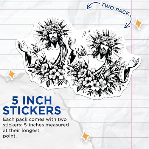 (2 Pack) Religious Jesus Stickers - Faith-Inspired Art - Christian Symbols - Spiritual Decor - 5" On Longest Side - Sticks to Smooth Flat Surfaces - Made in USA - BMCS7313