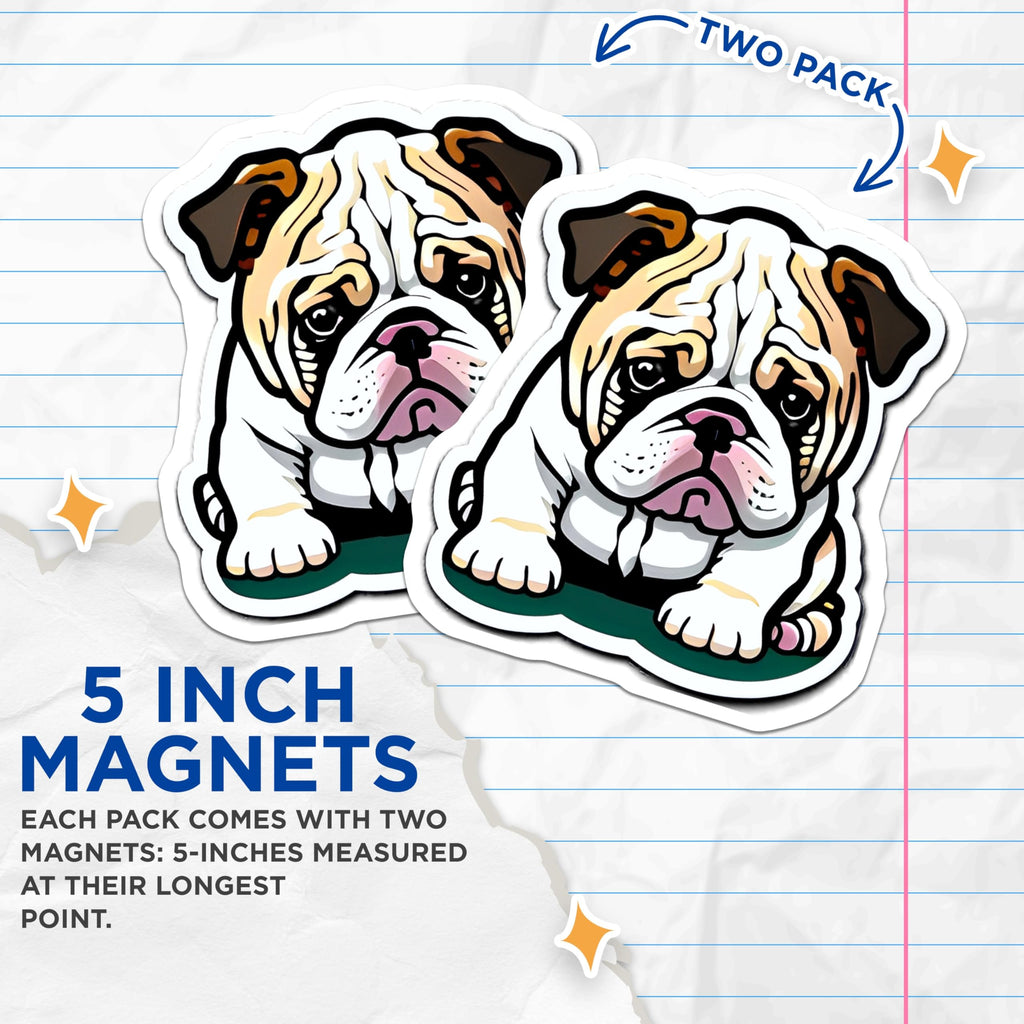 (2 Pack) English Bulldog Magnets - Cute Puppy Dog Decor - Animal Lover Fridge Accent - Canine Pet Refrigerator Display - 5 Inches On Longest Side - Thick Durable Magnet - Made in USA - MAG20636