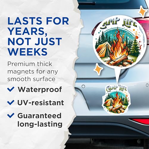 (2 Pack) Camp Life Magnets - Camping Adventure - Outdoor Enthusiast Decor - Campfire Art Magnets for RVs or Coolers - 5" On Longest Side - for Cars, Fridges, Toolboxes - Made in USA - MAG7130