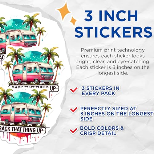 (3 Pack) RV Camper Van Decals - Back That Thing Up - Summer Beach Decal- 3 Inches On Longest Side - Easy Peel & Apply - Made in USA - 3MCS5190