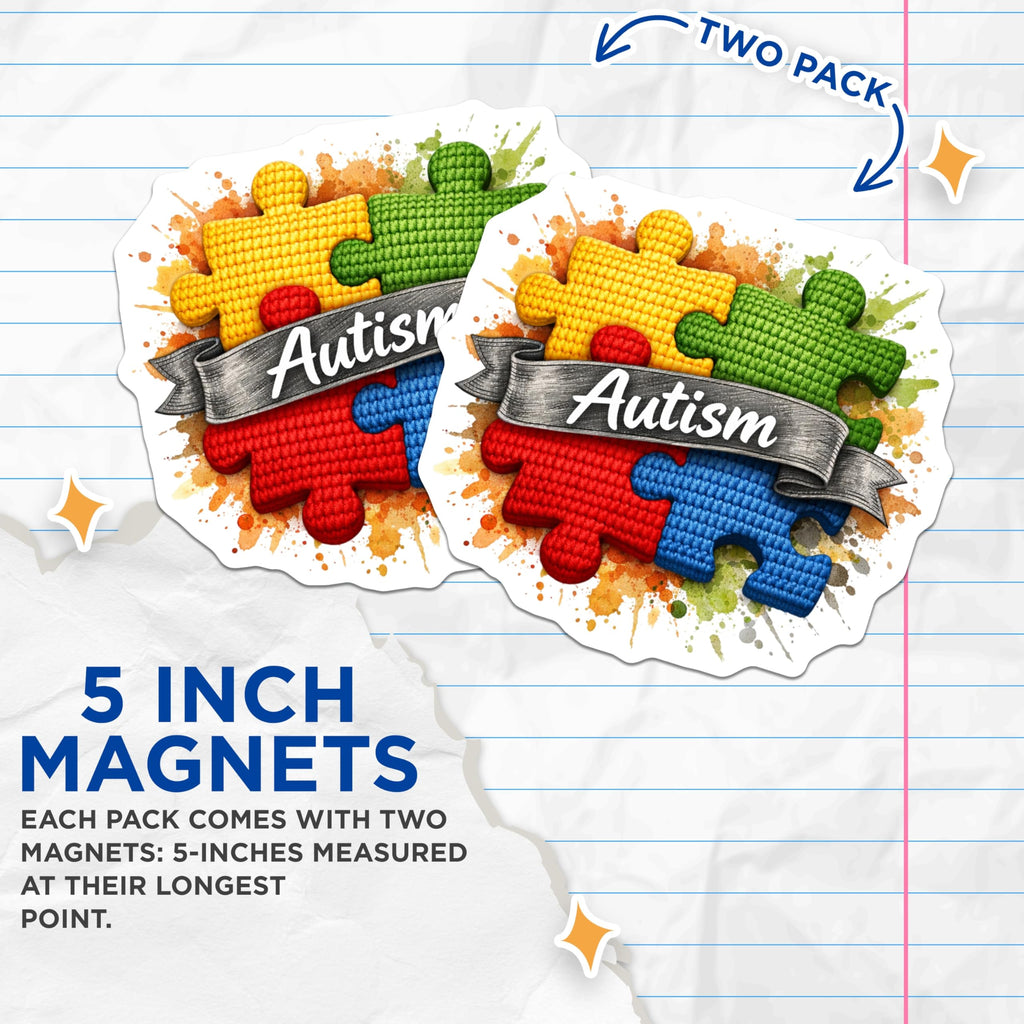 (2 Pack) Autism Awareness Puzzle Magnets - Colorful Neurodiversity Inclusion Support - Advocacy Acceptance Display Art - 5 Inches On Longest Side - Thick Durable Magnet - Made in USA - MAG20846