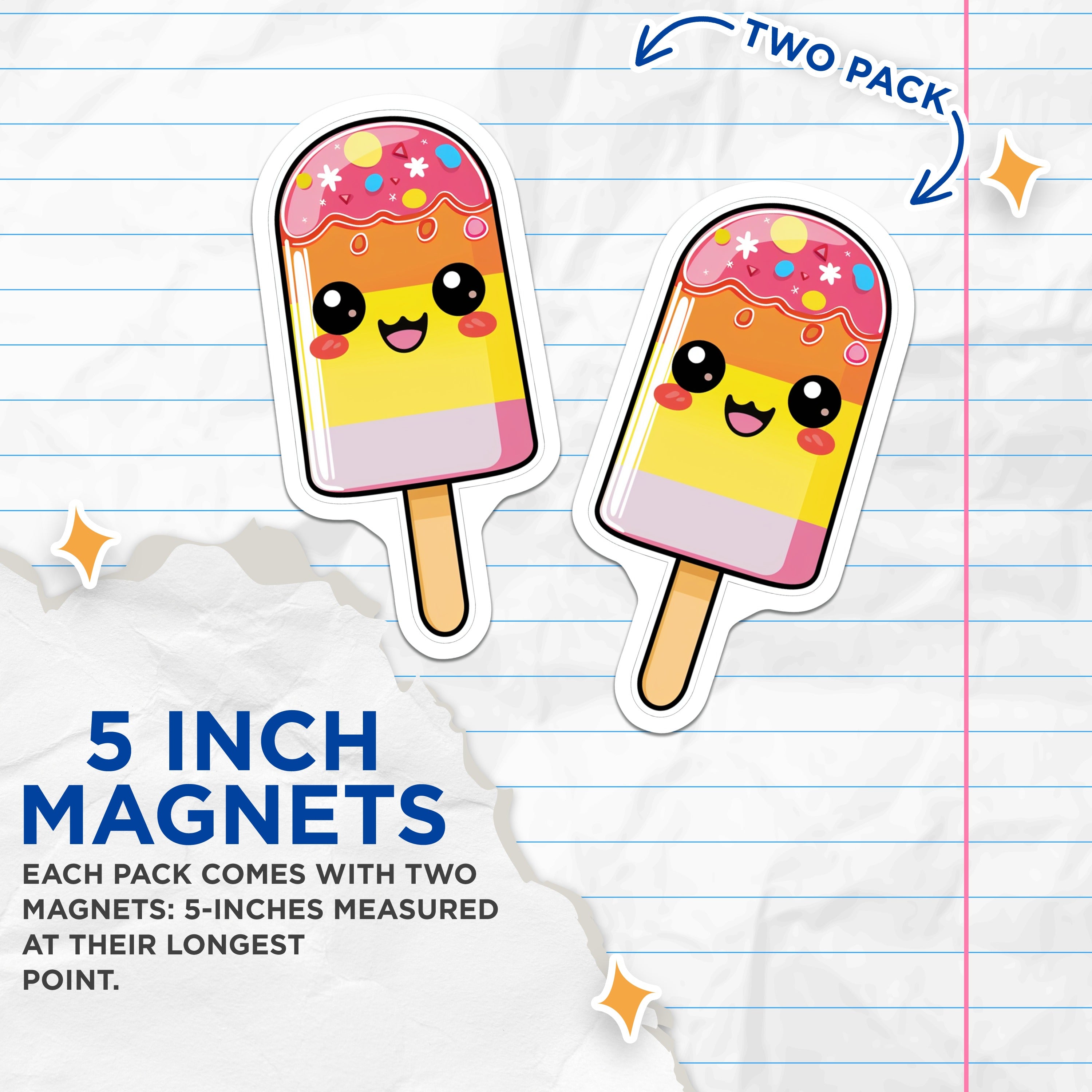 (2 Pack) Kawaii Popsicle Magnets - Cute Ice Pop Decor - Happy Summer Dessert - Colorful Fridge Locker Magnets - 5 Inches On Longest Side - Thick Durable Magnet - Made in USA - MAG36087