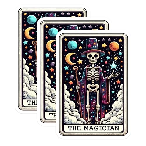(3 Pack) Magician Tarot Card Decals - Skeleton Magician - Occult Stickers - 3 Inches On Longest Side - Easy Peel & Apply - Made in USA - 3MCS4217