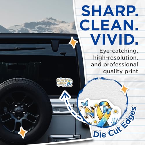 (2 Pack) Down Syndrome Awareness Stickers - Support Decal - Awareness Ribbon - 5" On Longest Side - Sticks to Smooth Flat Surfaces - Made in USA - BMCS8211