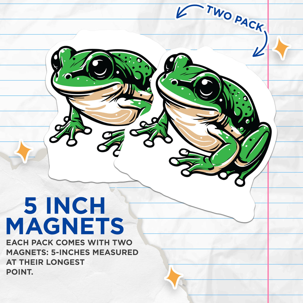 (2 Pack) Green Frog Magnets - Cute Amphibian Decor - Nature Animal Refrigerator Art - 5 Inches On Longest Side - Thick Durable Magnet - Made in USA - MAG39474