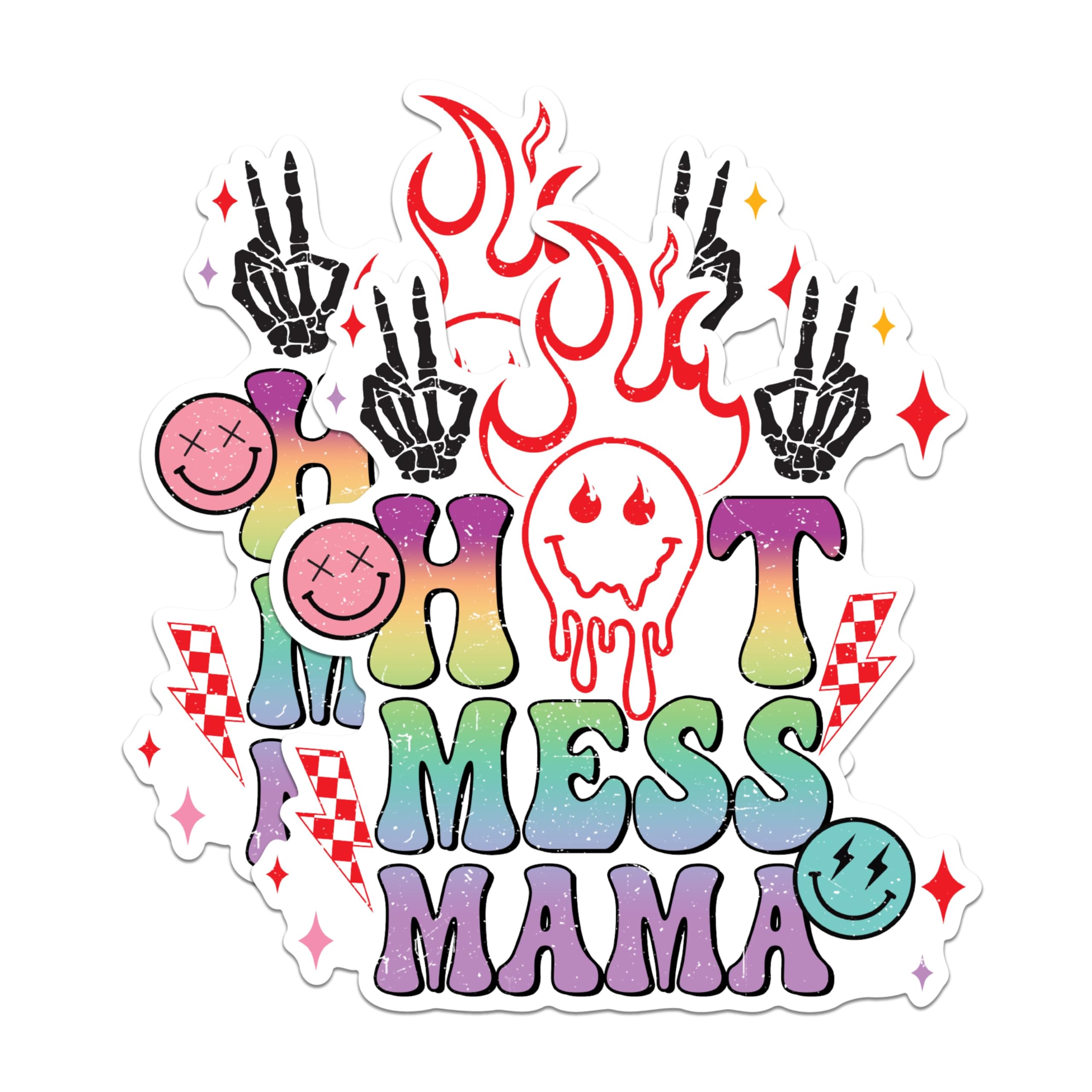 (2 Pack) Hot Mess Mama Stickers - Funny Mom Stickers - Colorful Mom Decals - 5" On Longest Side - Sticks to Any Smooth Flat Surface - Made in USA - BMCS2959