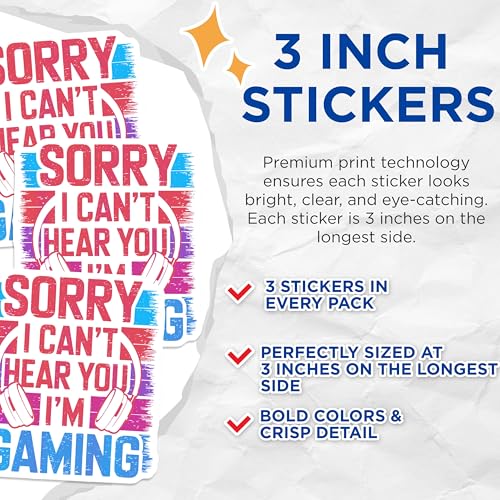 (3 Pack) Gaming Decals - Sorry I Can't Hear You Decal - Gamer Laptop Decals - 3 Inches On Longest Side - Easy Peel & Apply - Made in USA - 3MCS2344