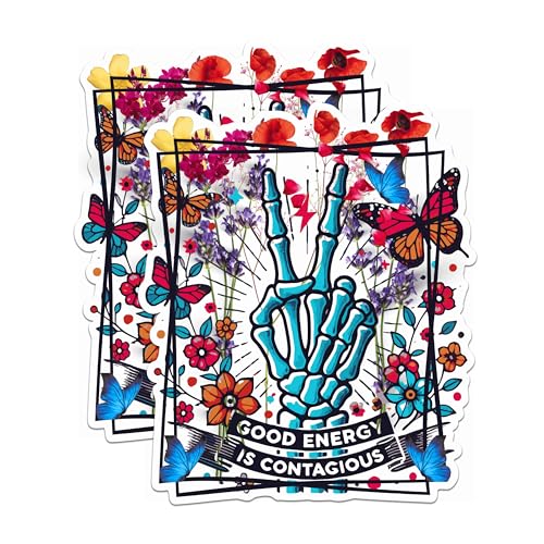 (2 Pack) Good Energy is Contagious Magnets - Flower Skeleton Hand - Positive Vibes Butterfly Flower Artwork - 5" On Longest Side - for Fridges, Toolboxes, Cars - Made in USA - MAG2568