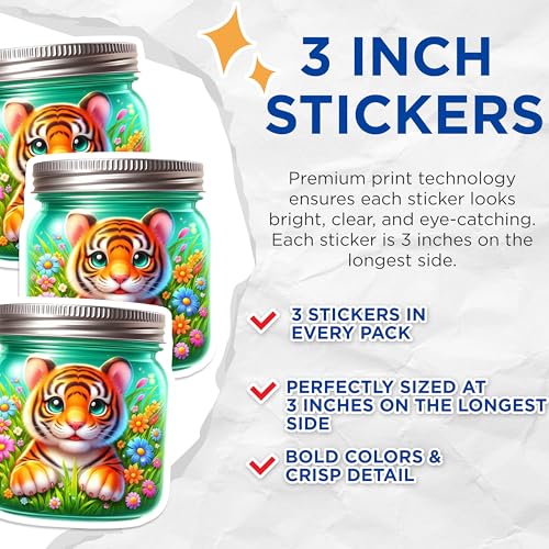(3 Pack) Cute Tiger Cub Decals - Flower Meadow - Laptop Decal - 3 Inches On Longest Side - Easy Peel & Apply - Made in USA - 3MCS8128
