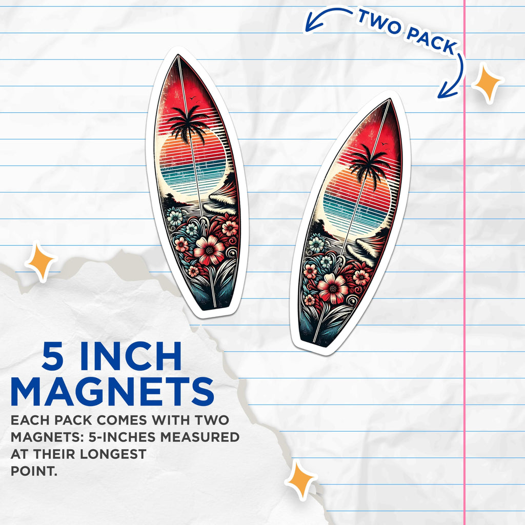 (2 Pack) Surfboard Magnets - Tropical Beach Art - Retro Summer Vibe Magnets - 5" On Longest Side - Premium Magnet - for Cars, Refrigerators, Toolboxes, Lockers - Made in USA - MAG15490