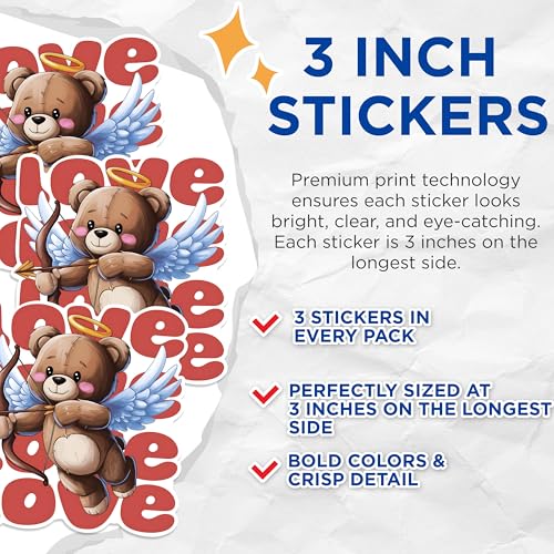 (3 Pack) Cupid Bear Decals - Valentine Decal - Love Stickers - 3 Inches On Longest Side - Easy Peel & Apply - Made in USA - 3MCS1785