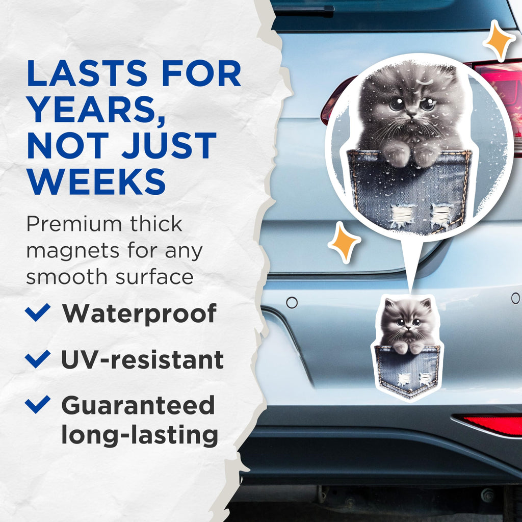 (2 Pack) Cute Kitten Magnets - Pocket Cat Design - Fridge Locker Magnets - 5" On Longest Side - Premium Magnet - for Cars, Refrigerators, Toolboxes, Lockers - Made in USA - MAG16186