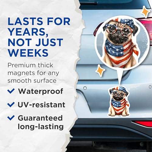 (2 Pack) Cute Pug Dog Magnets - Adorable Pug Puppy Magnet - Patriotic Dog Lover Decor - American Flag Bandana - 5" On Longest Side - for Cars, Fridges, Toolboxes - Made in USA - MAG6976