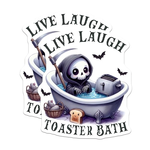 (2 Pack) Live Laugh Toaster Bath Stickers - Grim Reaper Bathtub Sticker - Funny Kitchen Decor Sticker - 5" On Longest Side - Sticks to Smooth Flat Surfaces - Made in USA - BMCS5945