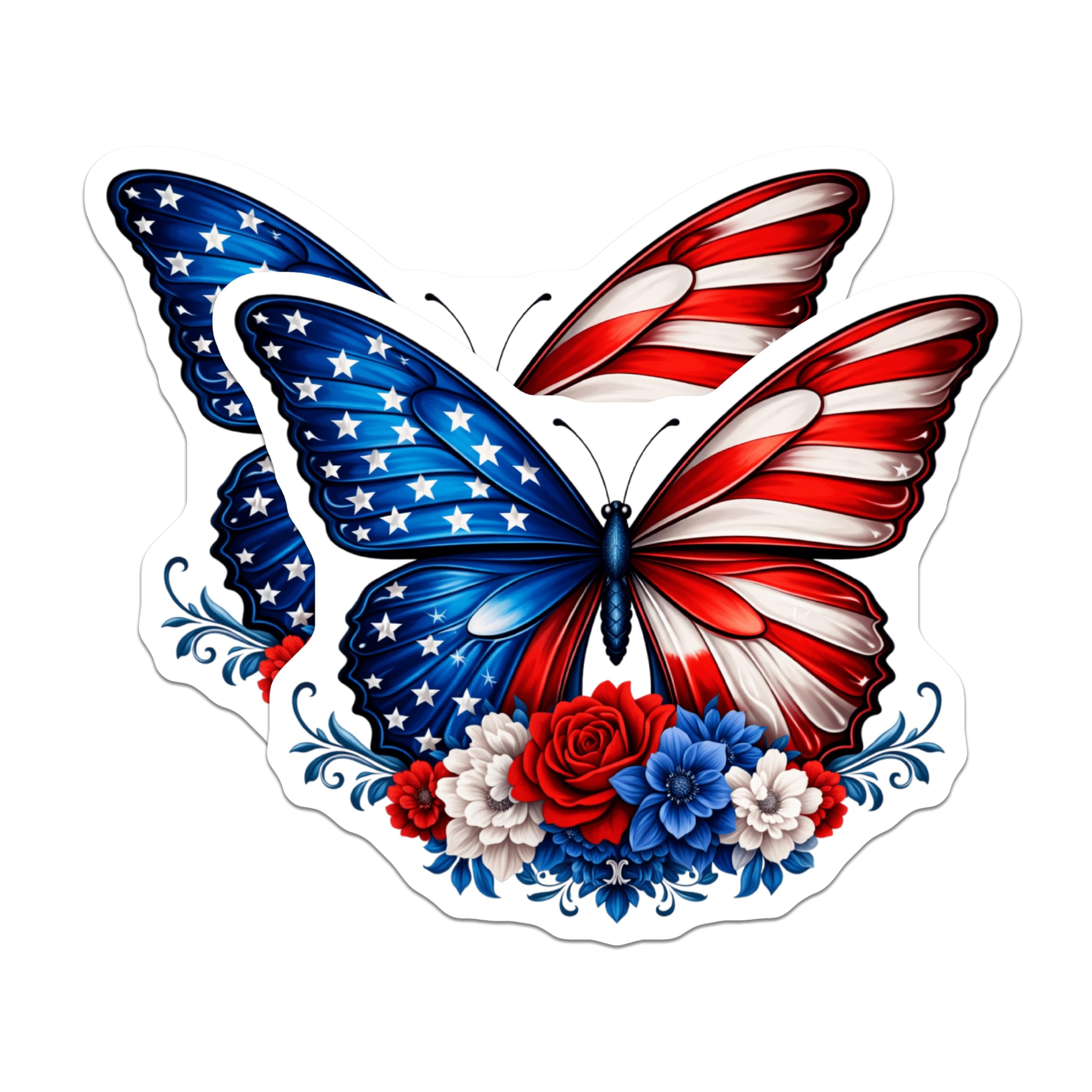 (2 Pack) American Flag Butterfly Magnets - Patriotic Red White Blue Flowers - Independence Day Refrigerator Decoration - 5 Inches On Longest Side - Thick Durable Magnet - Made in USA - MAG23166