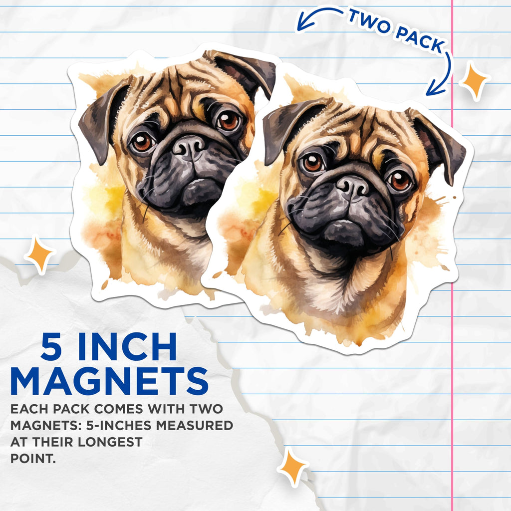 (2 Pack) Watercolor Pug Magnets - Cute Dog Lover Pet Art Decor - Pug Mom Kitchen Locker Office Magnets - 5 Inches On Longest Side - Thick Durable Magnet - Made in USA - MAG28536