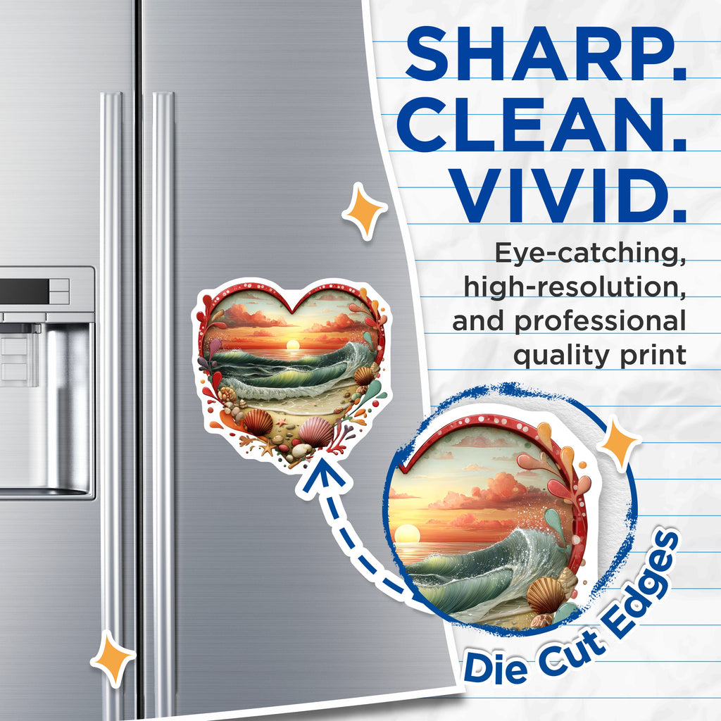 (2 Pack) Ocean Sunset Magnets - Beach Heart Decor - Summer Vibe Refrigerator Accent - Coastal Waves Fridge Art - 5 Inches On Longest Side - Thick Durable Magnet - Made in USA - MAG37851