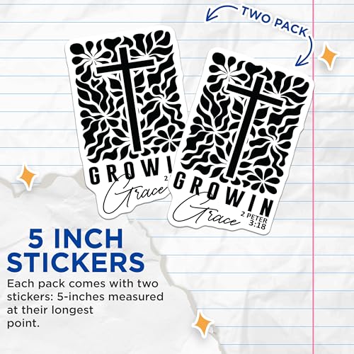 (2 Pack) Growin Grace Stickers - Christian Bible Verse Stickers - Floral Cross Stickers - 5" On Longest Side - Sticks to Any Smooth Flat Surface - Made in USA - BMCS3061