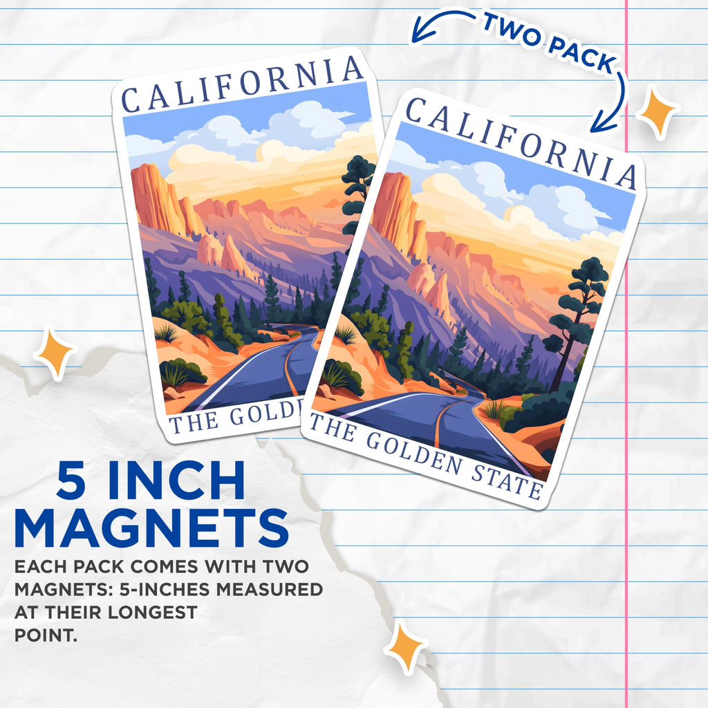 (2 Pack) California Magnets - Golden State - Scenic Road Trip Decor - 5" On Longest Side - Premium Magnet - for Cars, Refrigerators, Toolboxes, Lockers - Made in USA - MAG17493