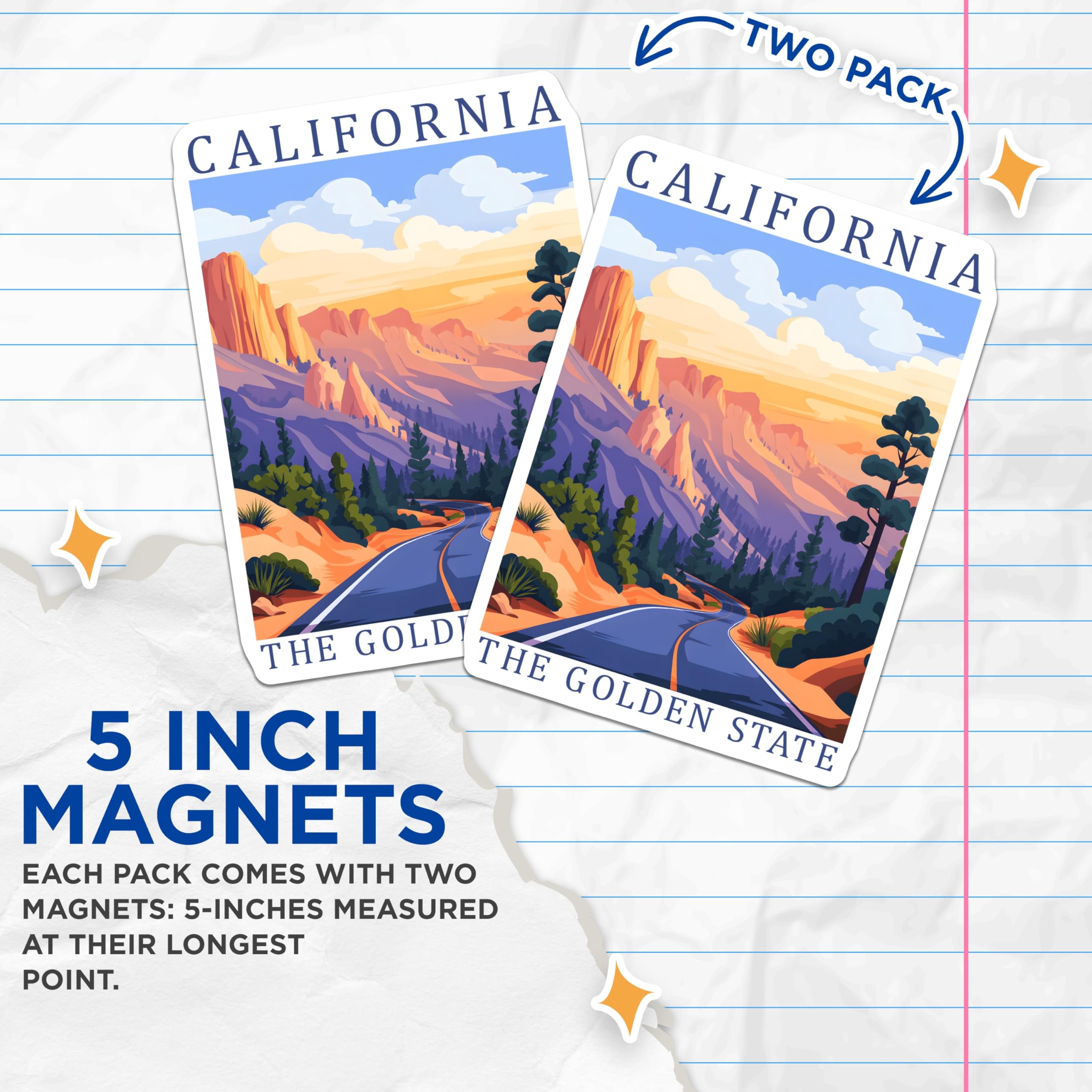 (2 Pack) California Magnets - Golden State - Scenic Road Trip Decor - 5" On Longest Side - Premium Magnet - for Cars, Refrigerators, Toolboxes, Lockers - Made in USA - MAG17493
