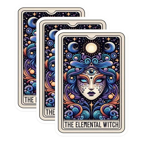 (3 Pack) Elemental Witch Decals - Tarot Card - Laptop Decals - Magical Witch - Bohemian Stickers - 3 Inches On Longest Side - Easy Peel & Apply - Made in USA - 3MCS4167