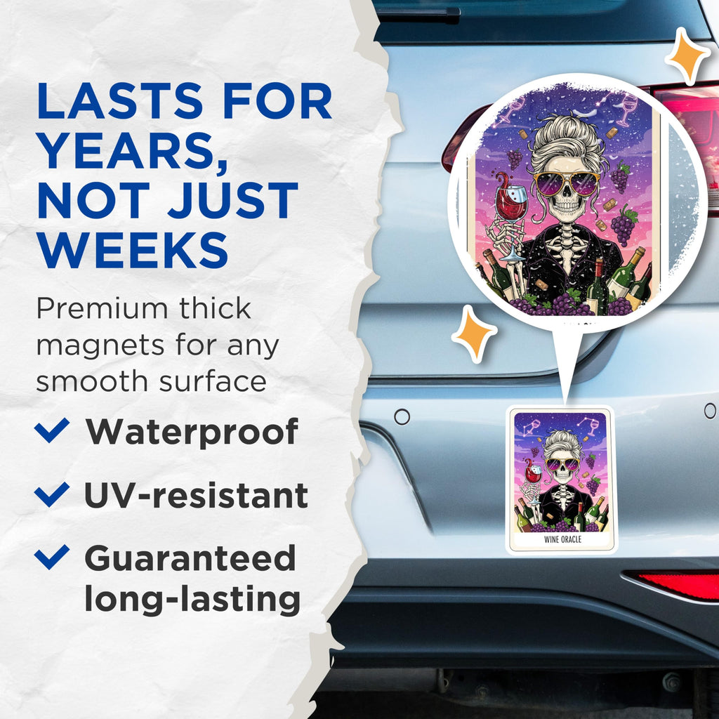 (2 Pack) Wine Oracle Magnets - Skeleton Sommelier Art - Grapes and Wine Decor - 5" On Longest Side - Premium Magnet - for Cars, Refrigerators, Toolboxes, Lockers - Made in USA - MAG16200