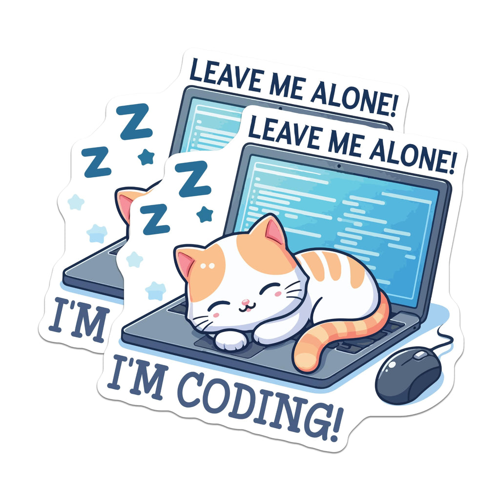 (2 Pack) Cute Cat Coding Stickers - Funny Programmer - Leave Me Alone Cat Sticker - 5" On Longest Side - Sticks to Smooth Flat Surfaces - Made in USA - BMCS6086