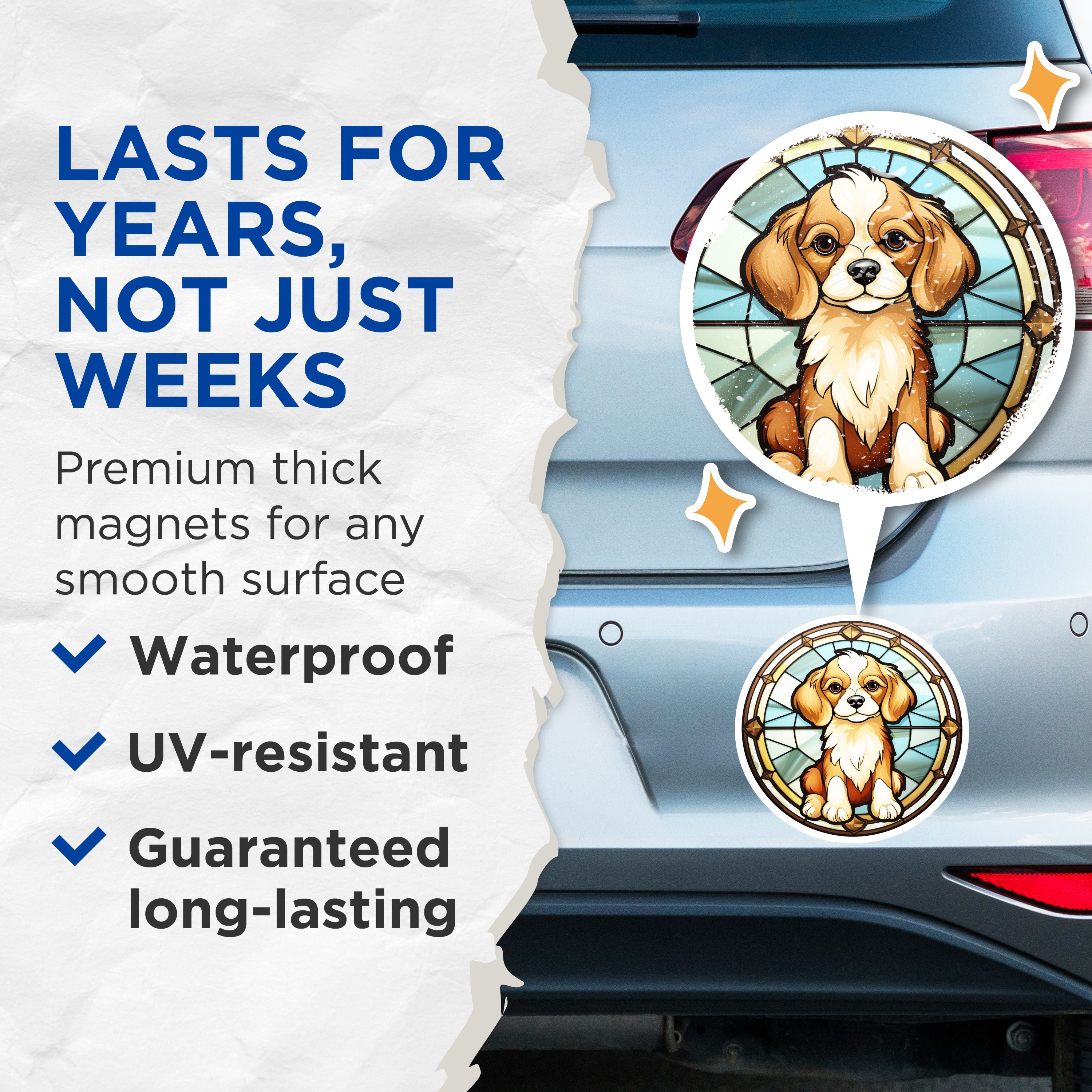 (2 Pack) Cavalier Spaniel Magnets - Stained Glass Puppy Art - Cute Pet Lover Refrigerator Decor - 5 Inches On Longest Side - Thick Durable Magnet - Made in USA - MAG37137