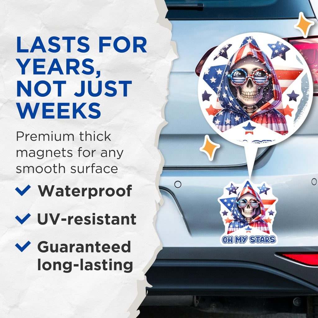(2 Pack) Oh My Stars Skeleton Magnets - Patriotic Skeleton Decor - 5" On Longest Side - for Cars, Fridges, Toolboxes - Made in USA - MAG7923