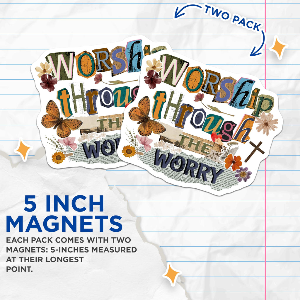 (2 Pack) Worship Through Worry Scripture Magnets - Christian Faith Inspirational Decor - Spiritual Encouragement Fridge Art - 5 Inches On Longest Side - Thick Durable Magnet - Made in USA - MAG19495