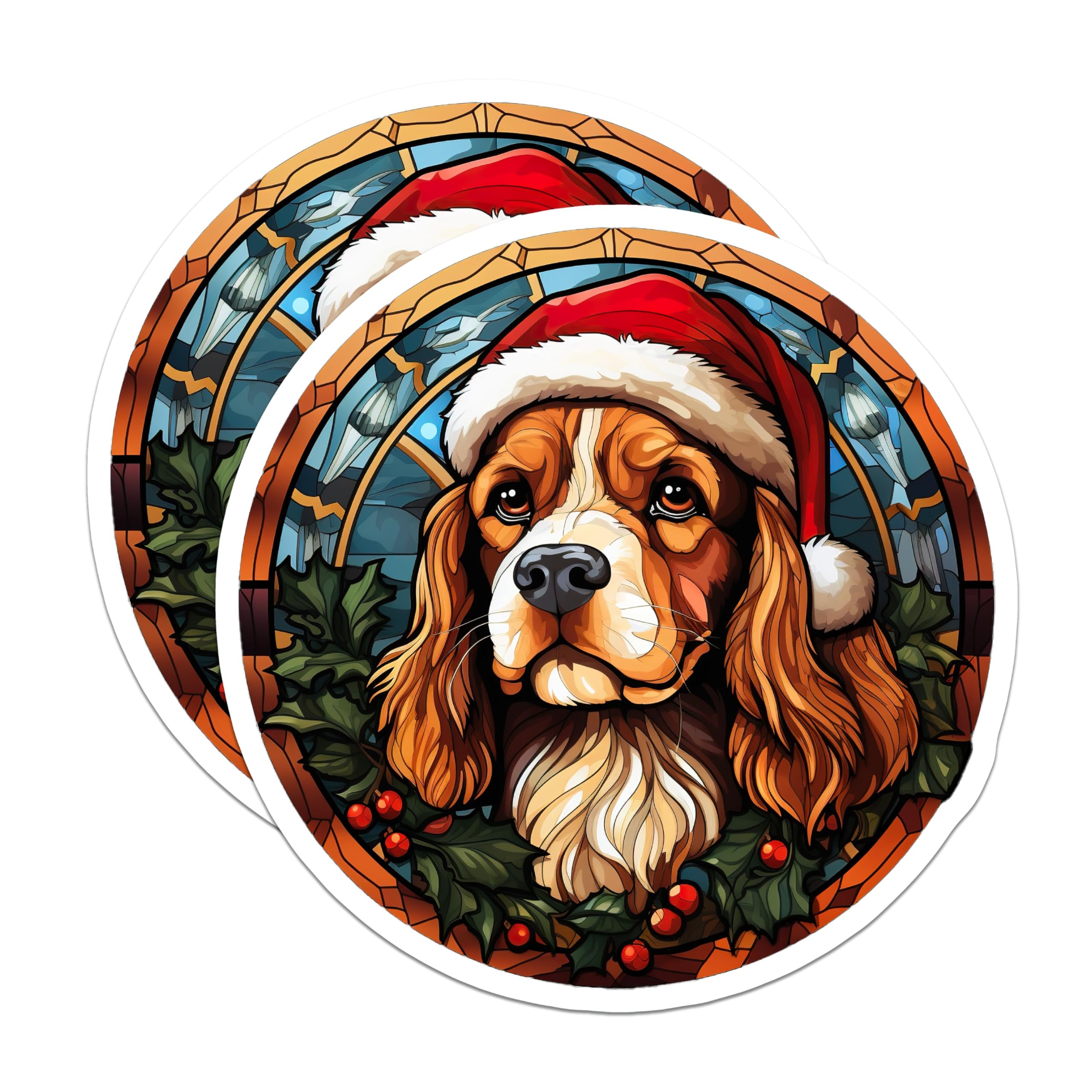 (2 Pack) Cavalier King Charles Magnets - Stained Glass Christmas Dog - Santa Hat Holiday Decor - 5 Inches On Longest Side - Thick Durable Magnet - Made in USA - MAG29638