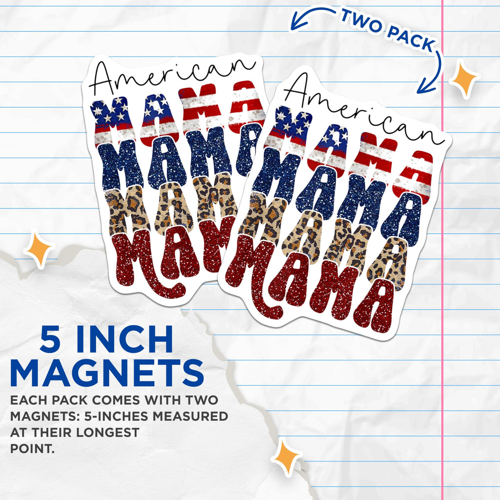 (2 Pack) American Mama Magnets - Patriotic Stars Stripes Leopard - Glitter Mom Life Decor - 5 Inches On Longest Side - Thick Durable Magnet - Made in USA - MAG24164