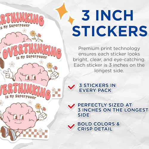 (3 Pack) Overthinking Superpower Decals - Funny Brain - Mental Health Laptop Decal - 3 Inches On Longest Side - Easy Peel & Apply - Made in USA - 3MCS6022