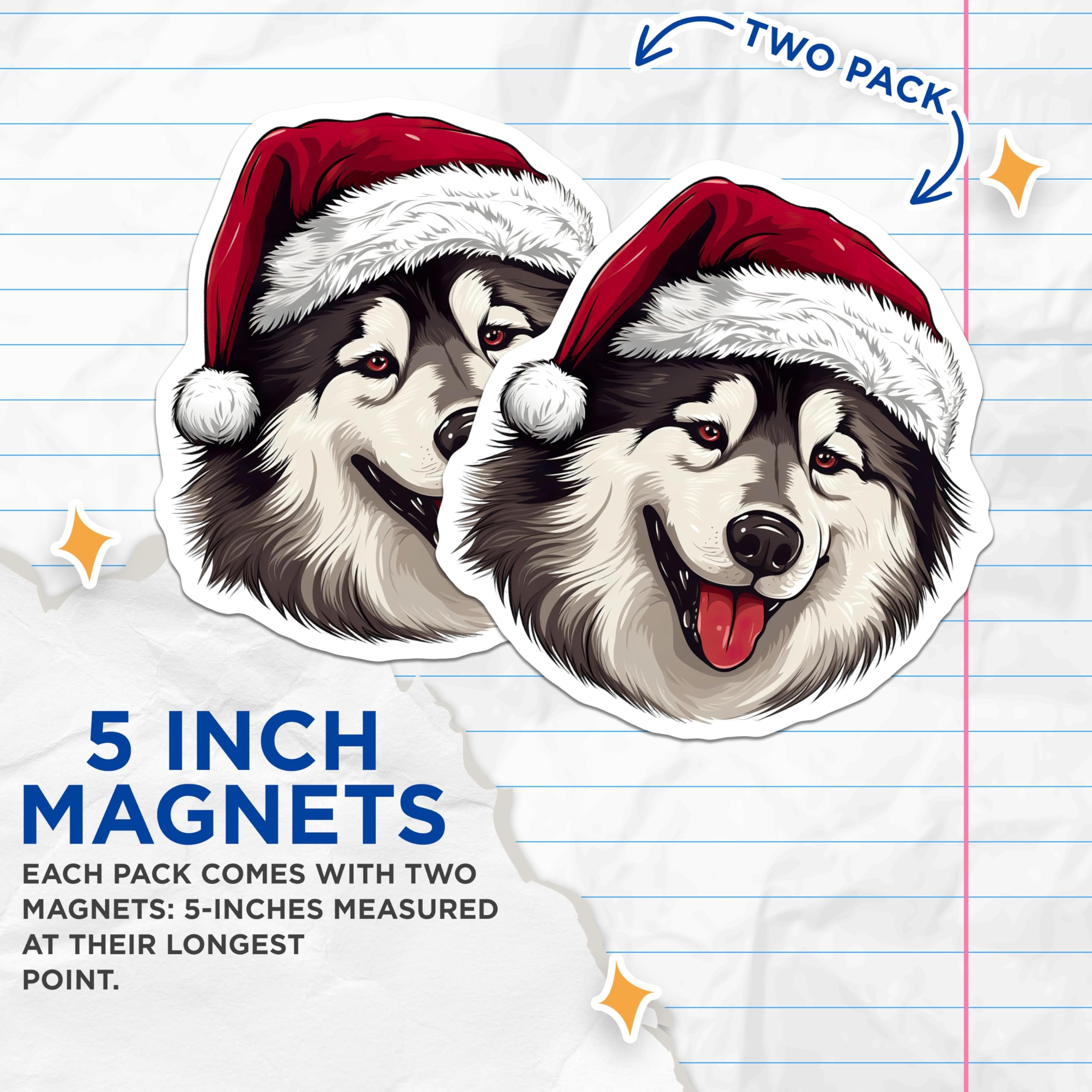 (2 Pack) Alaskan Malamute Santa Hat Magnets - Christmas Dog Refrigerator Decor - Winter Holiday Pet Art - 5 Inches On Longest Side - Thick Durable Magnet - Made in USA - MAG24781