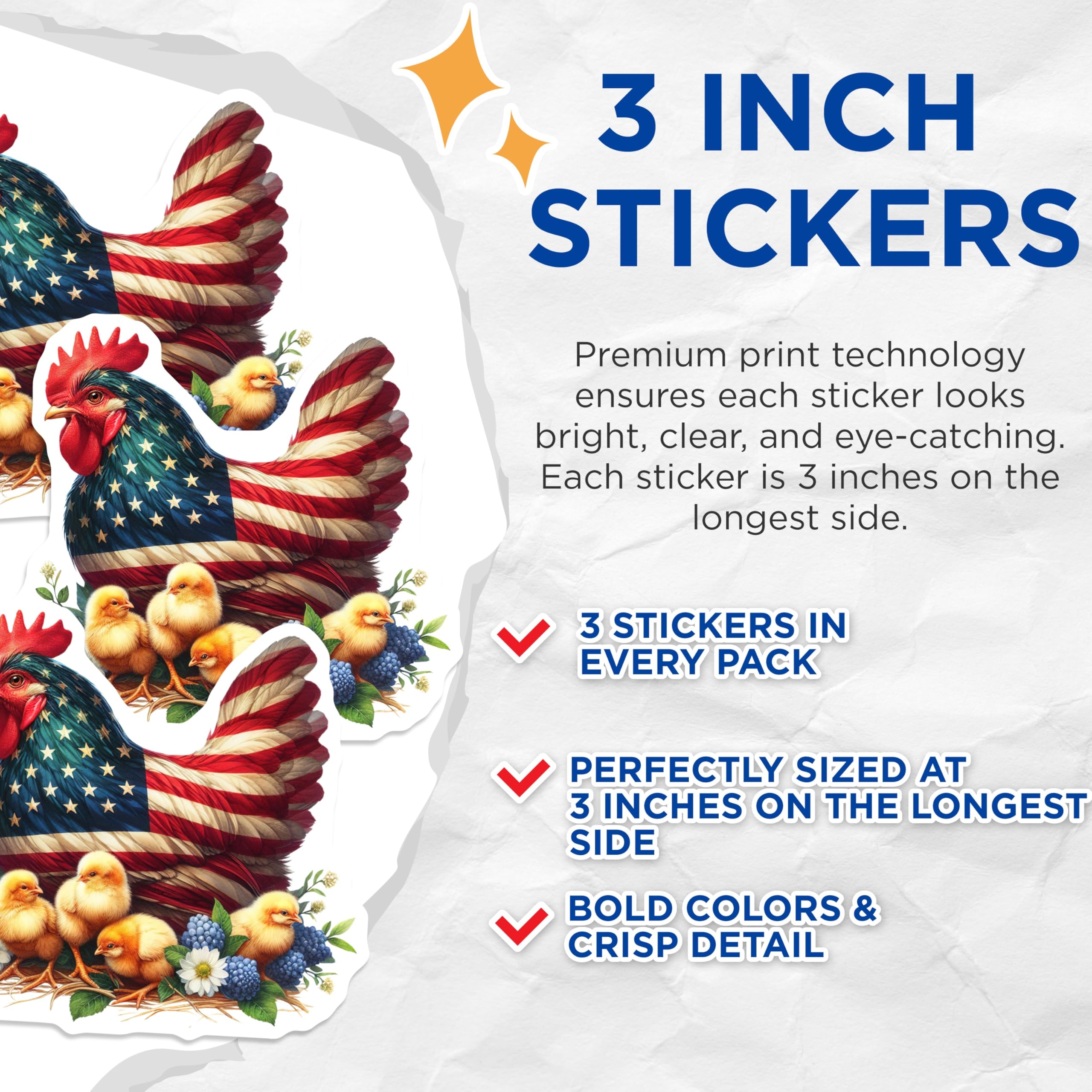 (3 Pack) American Chicken Decals - USA Flag Patriotic - Baby Chicks Laptop Decor- 3 Inches On Longest Side - Easy Peel & Apply - Made in USA - 3MCS5260