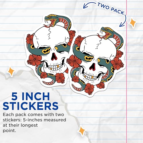 (2 Pack) Skull and Snake Stickers - Floral Skull Design - Horror Tattoo Decal - 5" On Longest Side - Sticks to Smooth Flat Surfaces - Made in USA - BMCS6237