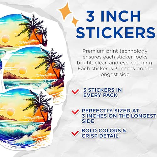 (3 Pack) Tropical Beach Decals - Palm Tree - Ocean Wave Stickers - 3 Inches On Longest Side - Easy Peel & Apply - Made in USA - 3MCS8030