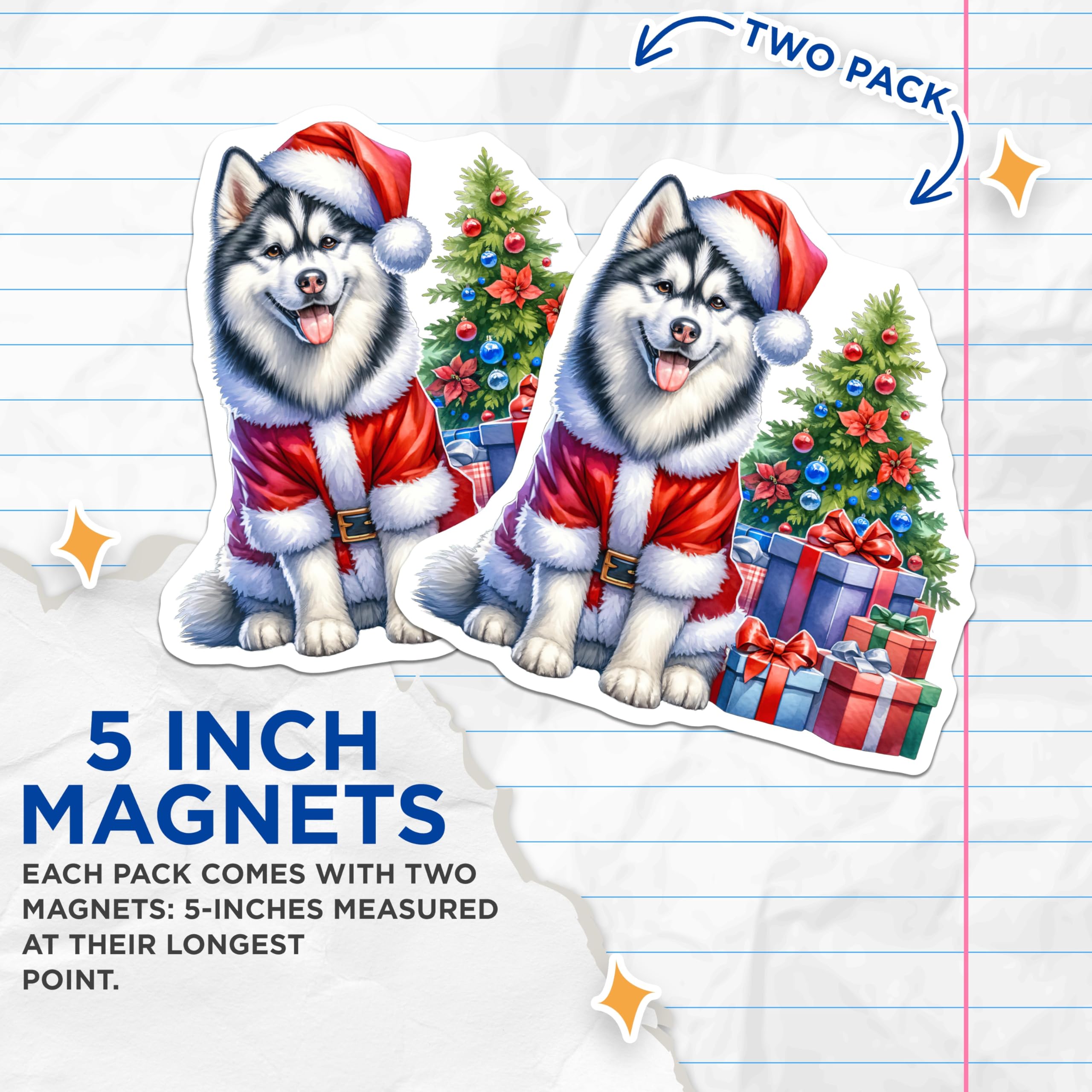(2 Pack) Husky Christmas Magnets - Santa Dog Holiday Decor - Pet Lover Fridge Magnets - 5 Inches On Longest Side - Thick Durable Magnet - Made in USA - MAG28713