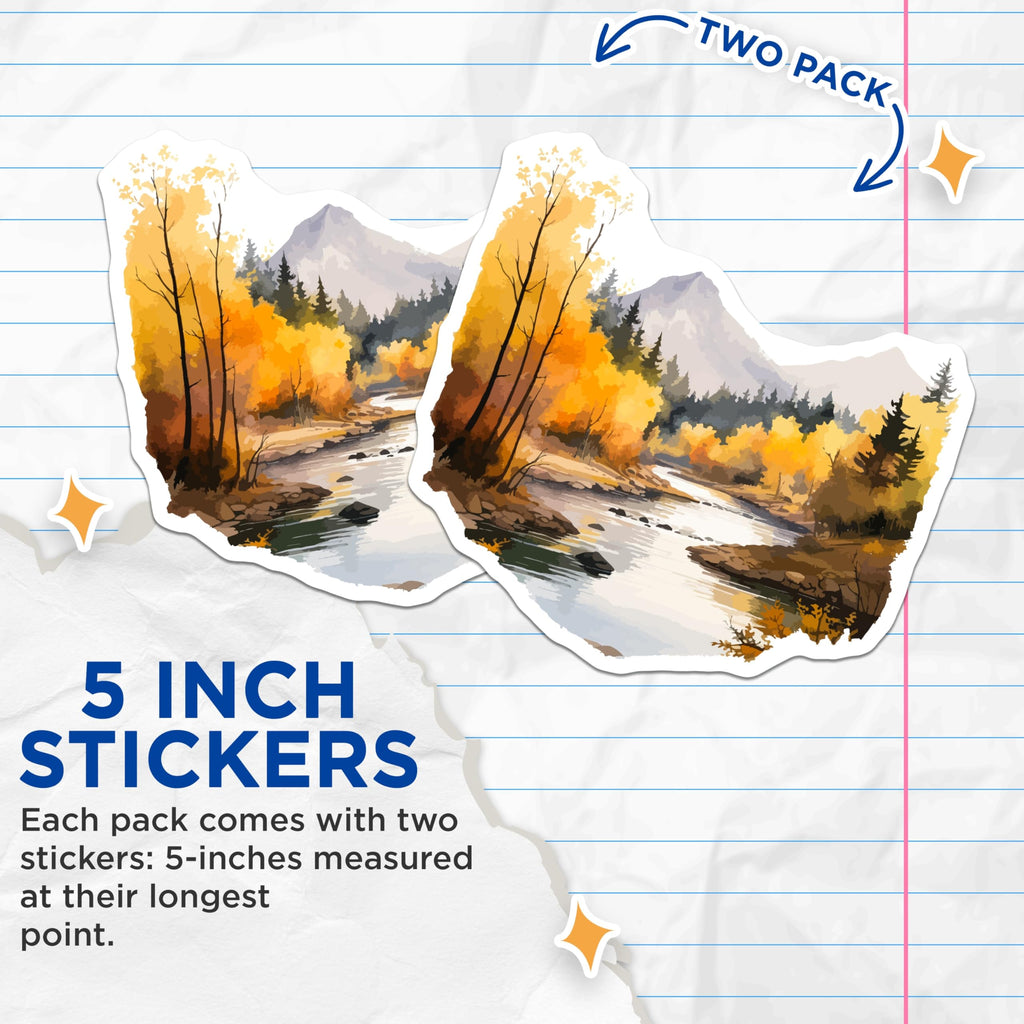 (2 Pack) Autumn Landscape Stickers - Fall Forest River Scenery - Mountain Stream Art - 5" On Longest Side - Sticks to Smooth Flat Surfaces - Made in USA - BMCS20114